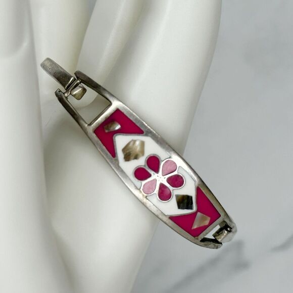 Vintage Silver Tone Abalone Shell Flower Inlay Hinge Child's Bangle ✨ - Picture 10 of 10